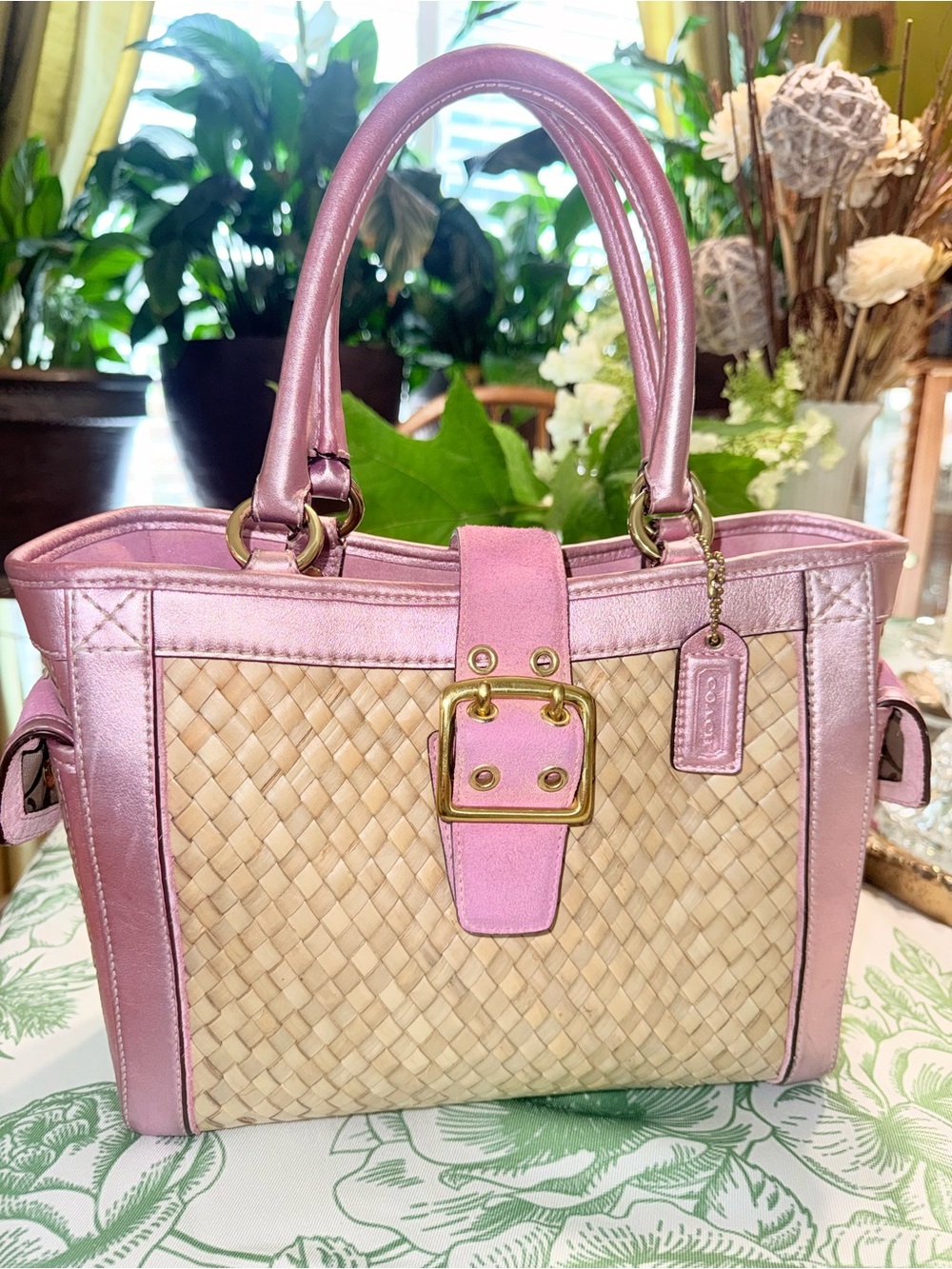 Coach Pink Leather-Trim Woven Tote Vintage Y2K 💕